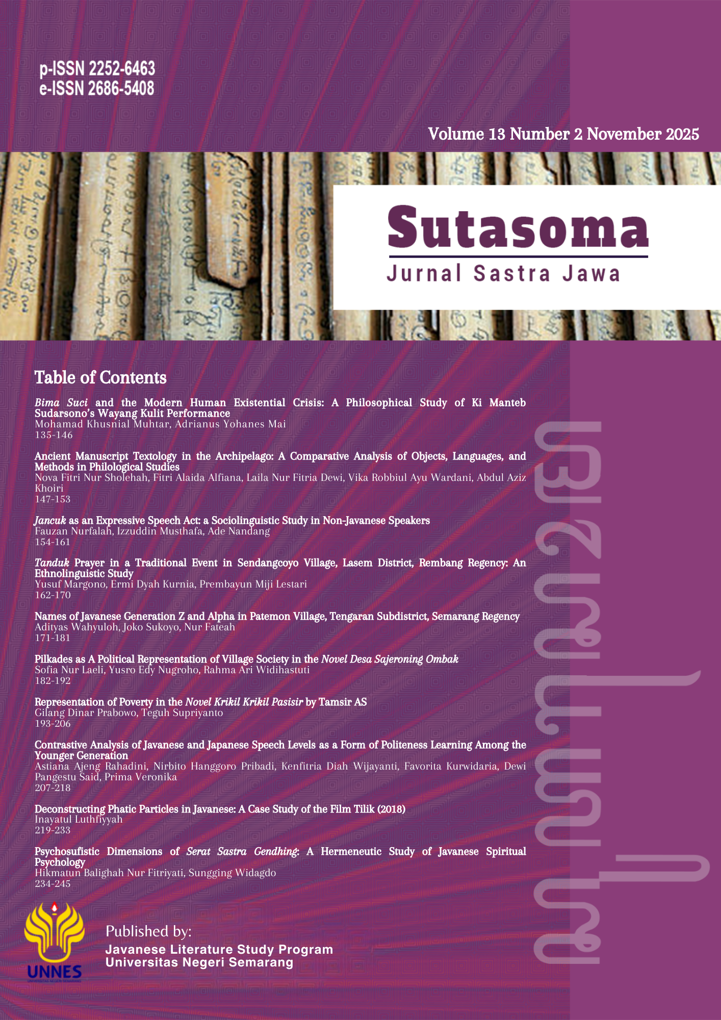 					View Vol. 13 No. 2 (2025): Sutasoma: Jurnal Sastra Jawa
				
