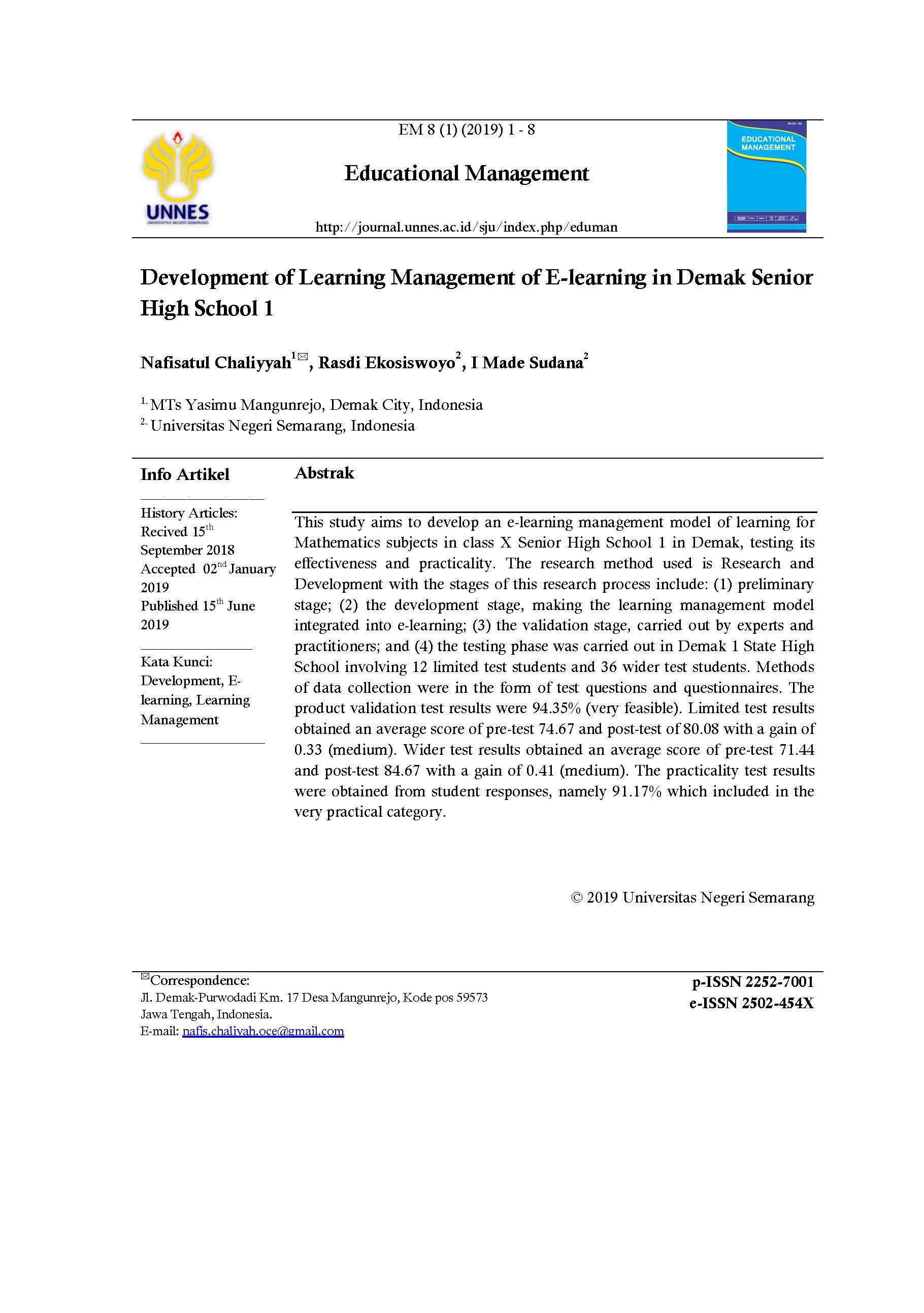 Development of Learning Management of E learning in Demak Senior High School 1
