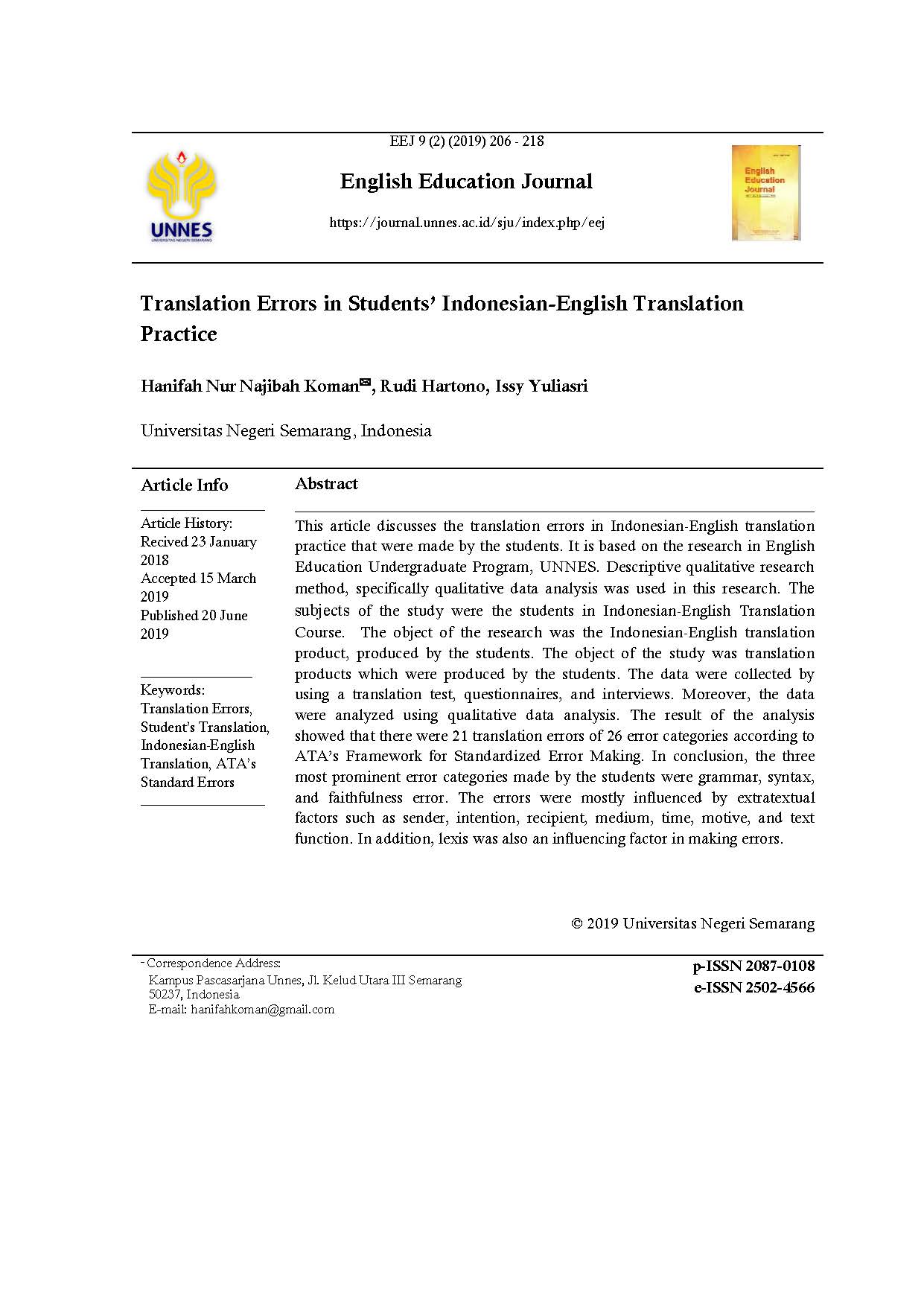 Translation Errors in Students Indonesian English Translation Practice